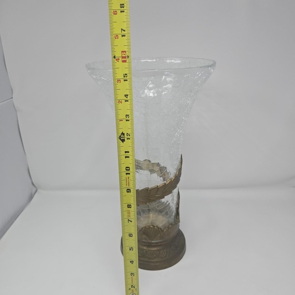 Vintage Art Nouveau Hand Blown Glass Vase w/ Ornate Brass Base 15 X 8.5